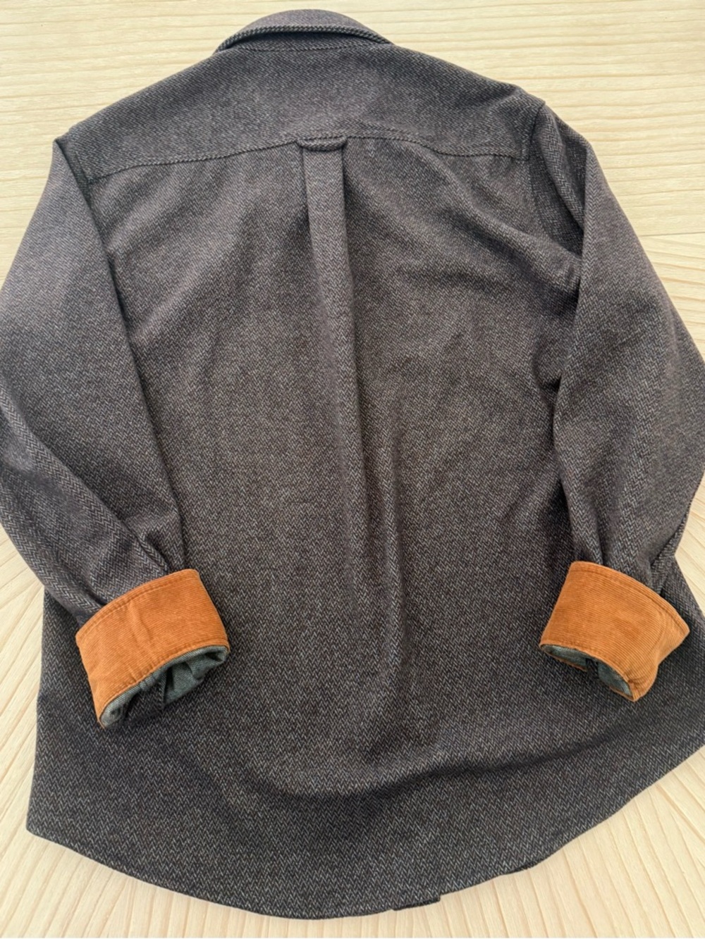 Jachs NY Men's Charcoal Herringbone Button-Down Shirt with Brown Corduroy Trim - Picture 2 of 8